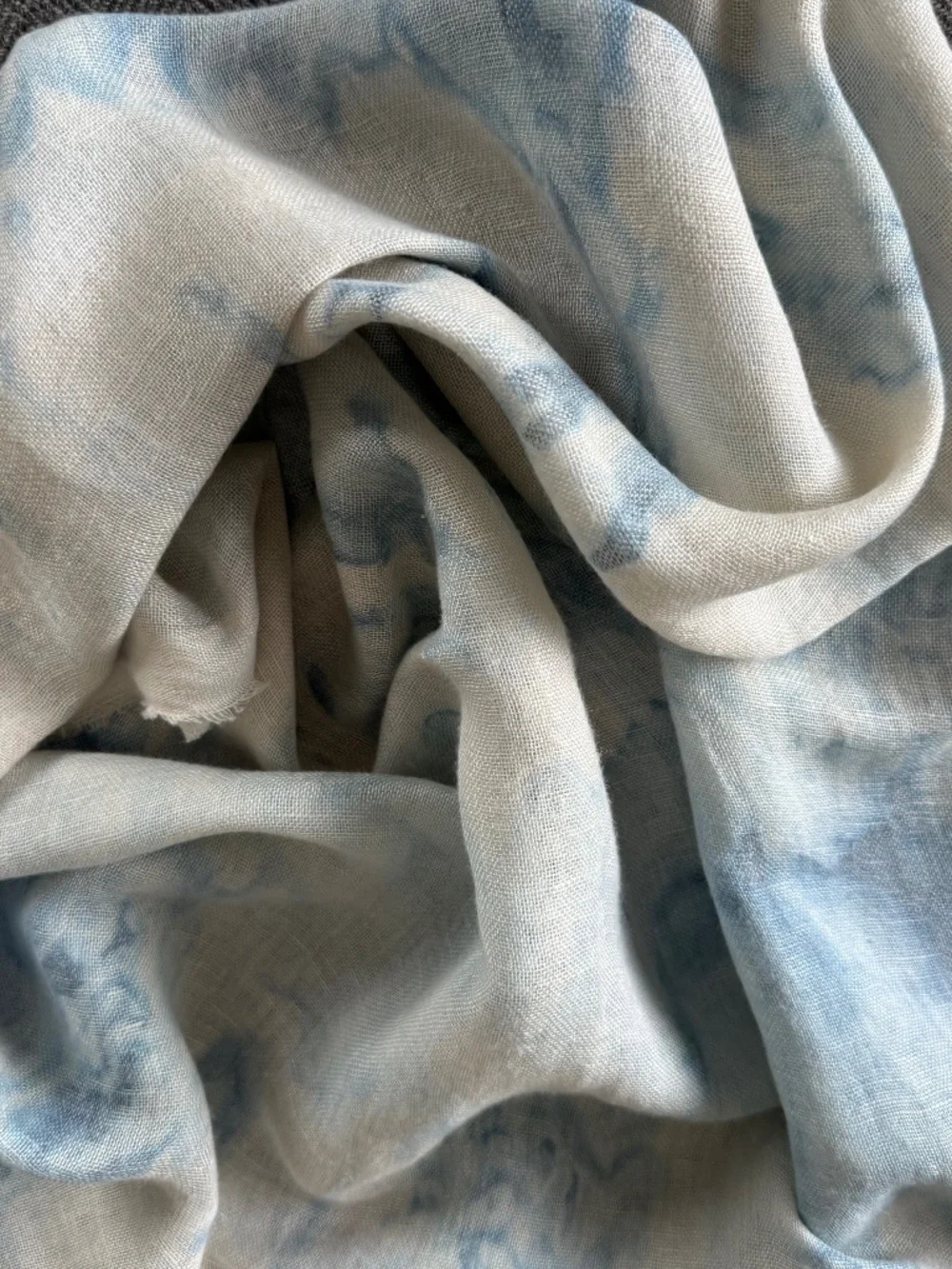 JCREW, LIGHT COLORED LINEN SCARF WITH SUBTLE AND LIGHT INDIGO PRINTED ON IT